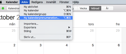 Visar vart man ska klicka för att öppna Kalenderprenumeration